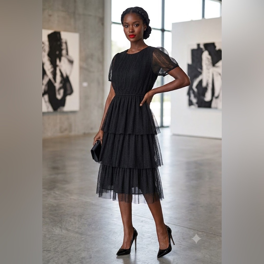 J. Crew Black Dotted Sheer-Sleeve Midi Dress